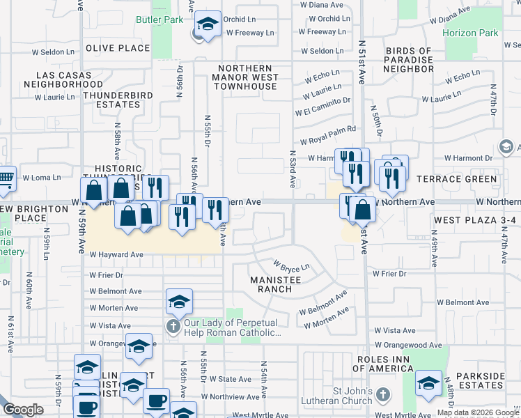 map of restaurants, bars, coffee shops, grocery stores, and more near 7883 North 54th Avenue in Glendale