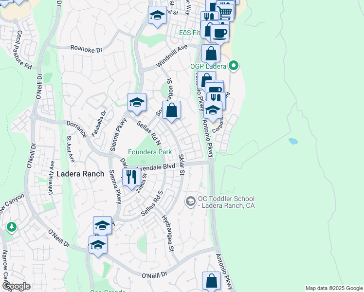 map of restaurants, bars, coffee shops, grocery stores, and more near 70 Sklar Street in Ladera Ranch
