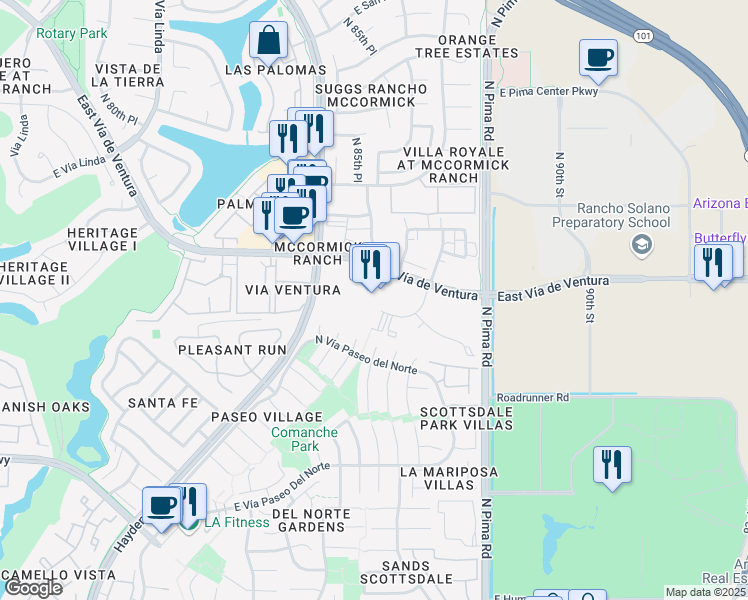 map of restaurants, bars, coffee shops, grocery stores, and more near 8655 East Vía de Ventura in Scottsdale