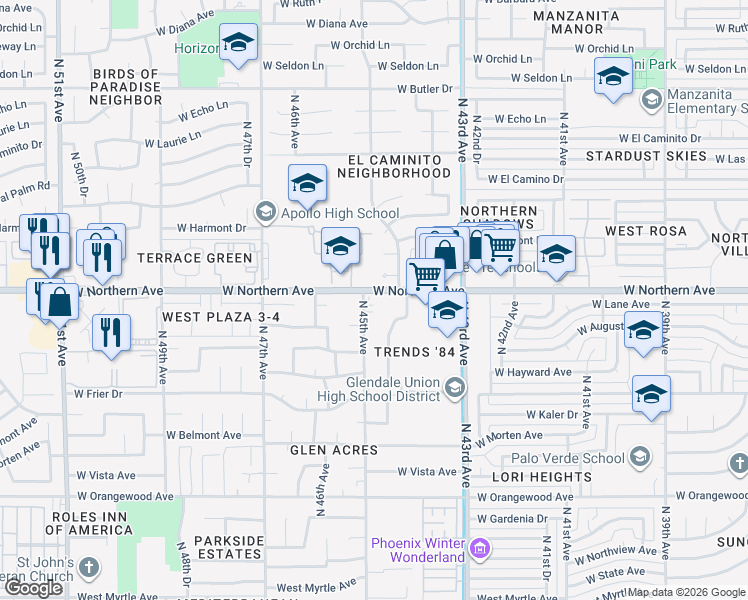 map of restaurants, bars, coffee shops, grocery stores, and more near 4511 West Loma Lane in Glendale