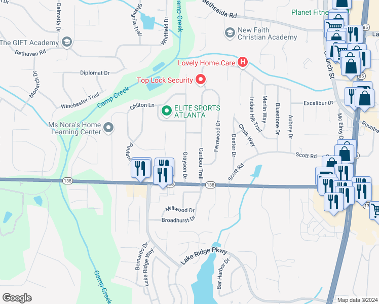 map of restaurants, bars, coffee shops, grocery stores, and more near 7414 Grayson Drive in Riverdale