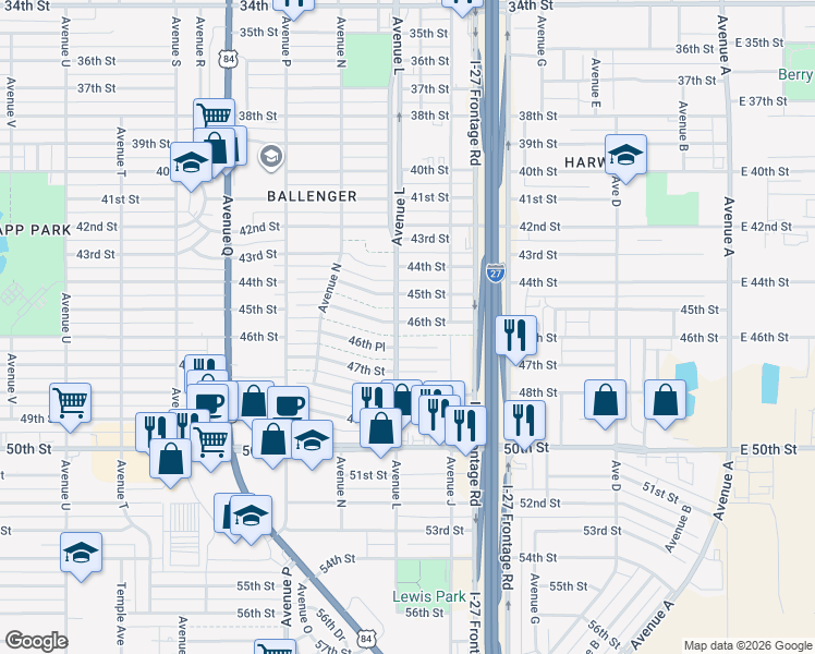 map of restaurants, bars, coffee shops, grocery stores, and more near 1119 45th Street in Lubbock