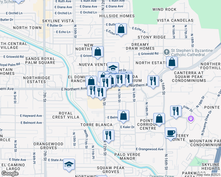 map of restaurants, bars, coffee shops, grocery stores, and more near 1217 East Northern Avenue in Phoenix