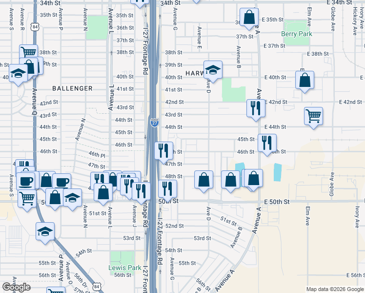 map of restaurants, bars, coffee shops, grocery stores, and more near 518 45th St in Lubbock