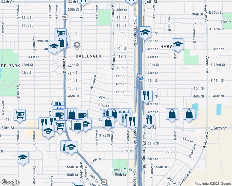 map of restaurants, bars, coffee shops, grocery stores, and more near 1119 45th Street in Lubbock