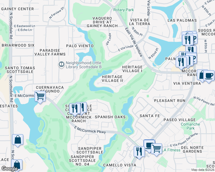 map of restaurants, bars, coffee shops, grocery stores, and more near 7843 East Vía Costa in Scottsdale