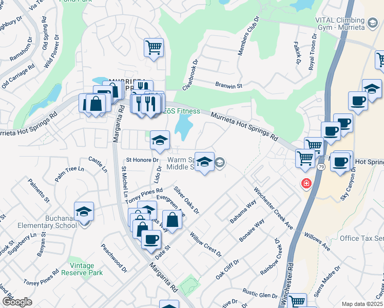 map of restaurants, bars, coffee shops, grocery stores, and more near 39131 Agua Vista in Murrieta