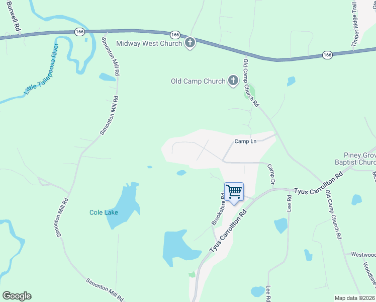 map of restaurants, bars, coffee shops, grocery stores, and more near 296 Camp Drive in Carrollton