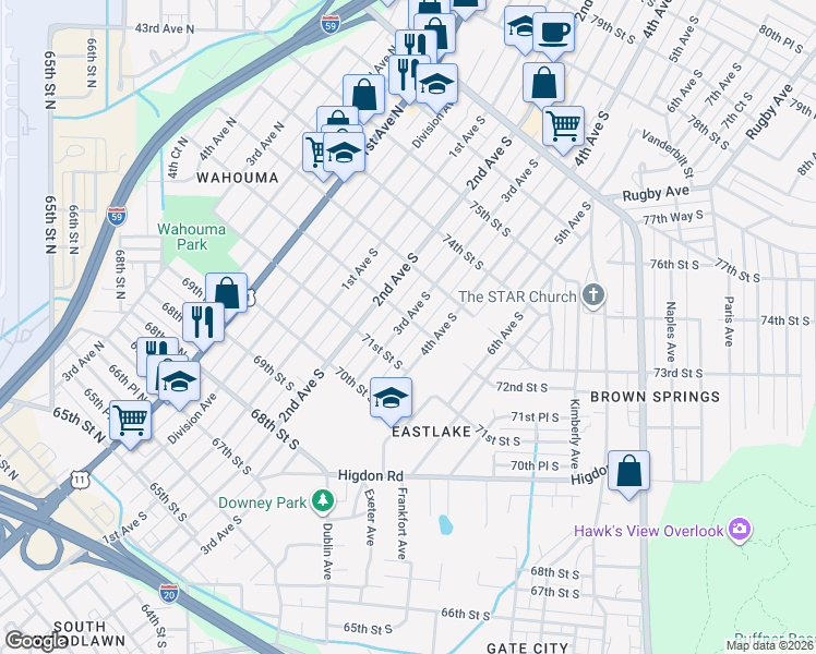 map of restaurants, bars, coffee shops, grocery stores, and more near 7200 3rd Avenue South in Birmingham