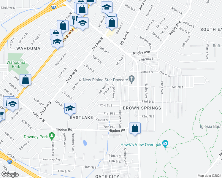 map of restaurants, bars, coffee shops, grocery stores, and more near 7329 6th Avenue South in Birmingham