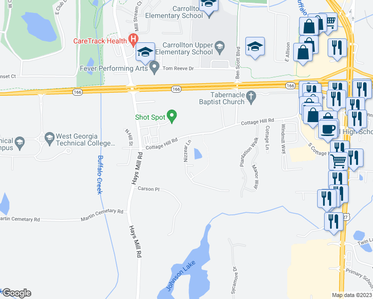 map of restaurants, bars, coffee shops, grocery stores, and more near 137 Nizzear Lane in Carrollton