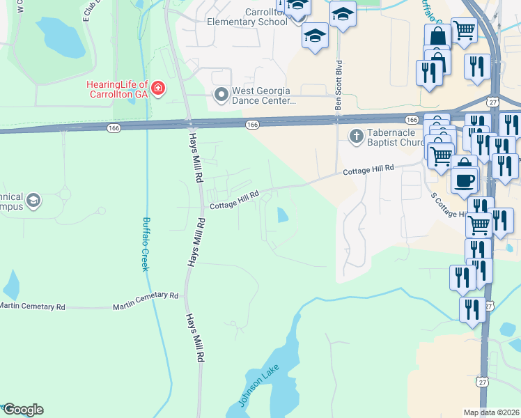 map of restaurants, bars, coffee shops, grocery stores, and more near 122 Nizzear Lane in Carrollton