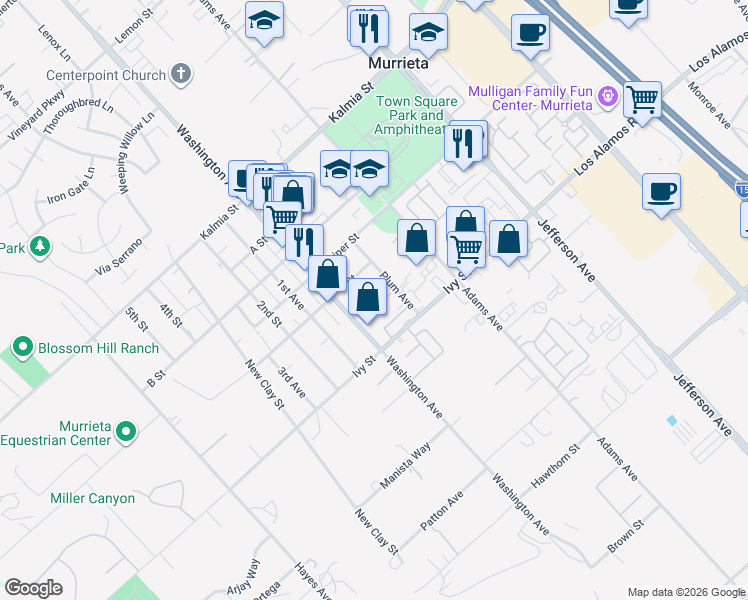 map of restaurants, bars, coffee shops, grocery stores, and more near 41935 Daisy Lane in Murrieta