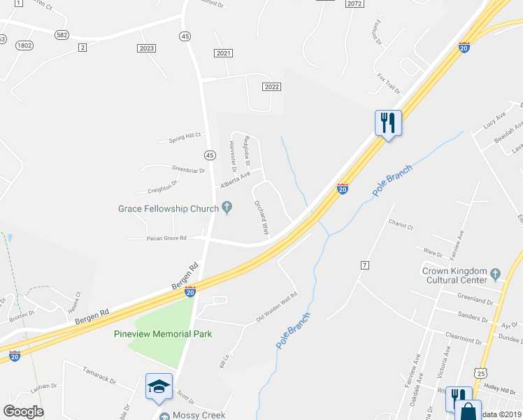 map of restaurants, bars, coffee shops, grocery stores, and more near 155 Orchard Way in North Augusta