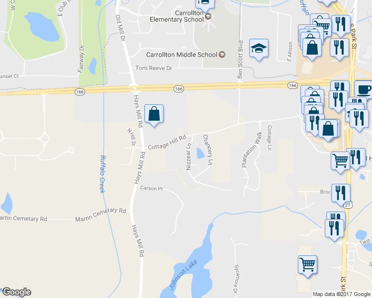 map of restaurants, bars, coffee shops, grocery stores, and more near 138 Nizzear Lane in Carrollton