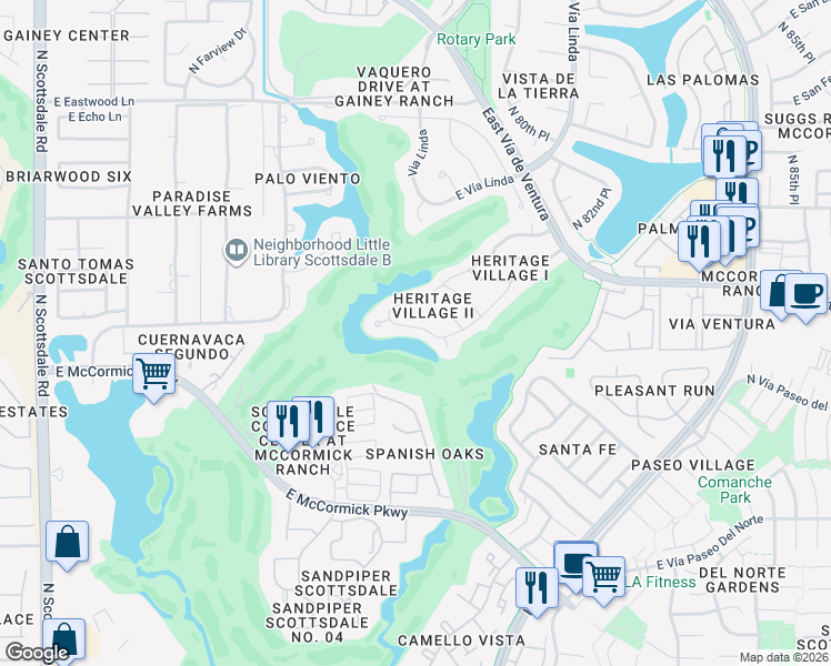 map of restaurants, bars, coffee shops, grocery stores, and more near 7843 East Vía Costa in Scottsdale