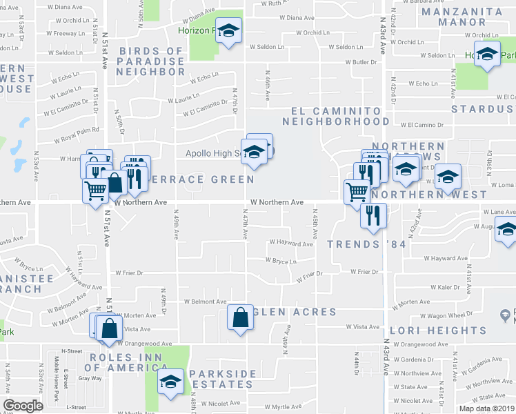 map of restaurants, bars, coffee shops, grocery stores, and more near 4634 West Lane Avenue in Glendale