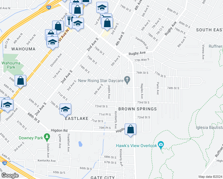 map of restaurants, bars, coffee shops, grocery stores, and more near 7327 Joppa Avenue in Birmingham