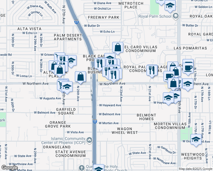 map of restaurants, bars, coffee shops, grocery stores, and more near 2360 West Northern Avenue in Phoenix