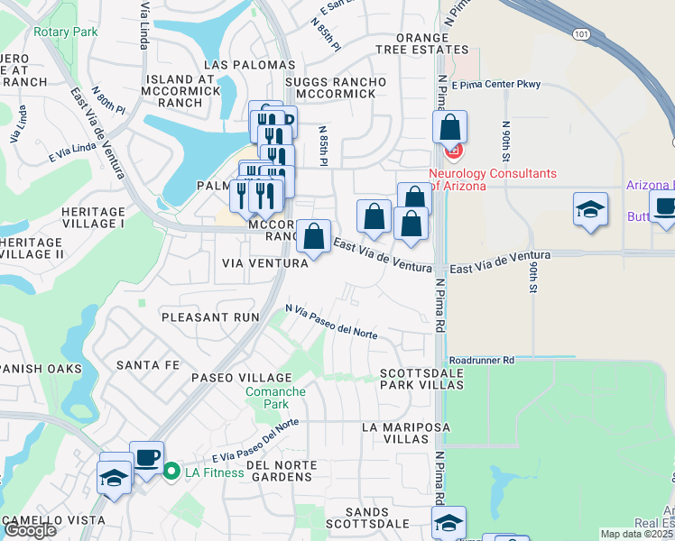 map of restaurants, bars, coffee shops, grocery stores, and more near 8655 East Vía de Ventura in Scottsdale