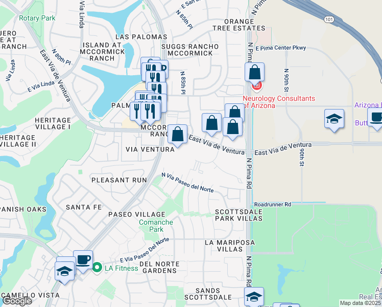 map of restaurants, bars, coffee shops, grocery stores, and more near East Vía de Ventura in Scottsdale