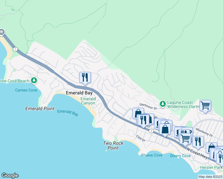 map of restaurants, bars, coffee shops, grocery stores, and more near 502 Emerald Bay in Laguna Beach