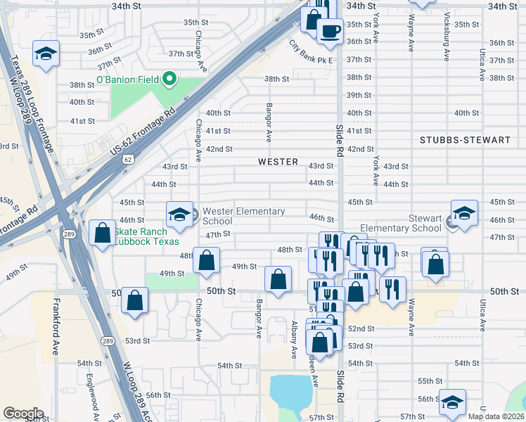 map of restaurants, bars, coffee shops, grocery stores, and more near 5406 46th Street in Lubbock