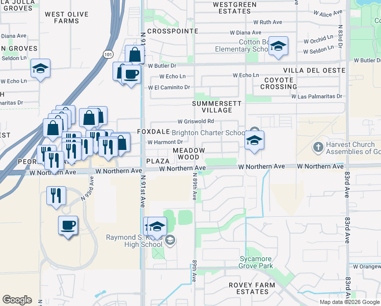 map of restaurants, bars, coffee shops, grocery stores, and more near 8101 North 89th Drive in Peoria