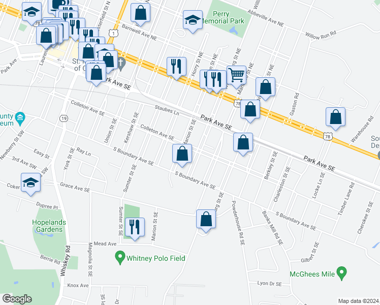 map of restaurants, bars, coffee shops, grocery stores, and more near 817 Colleton Avenue Southeast in Aiken