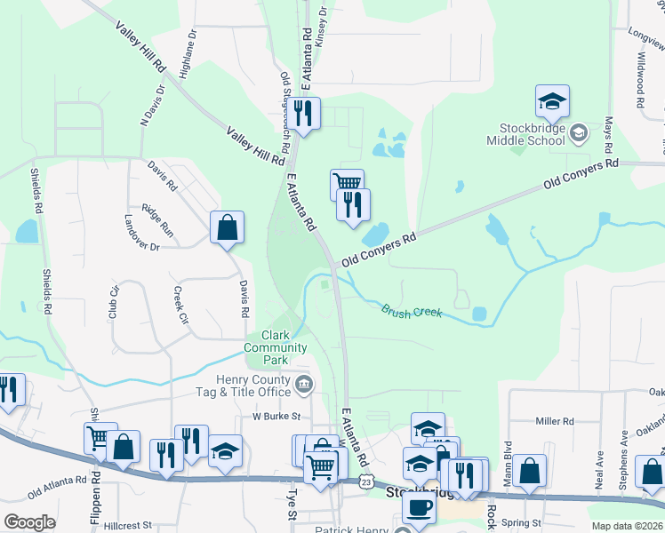 map of restaurants, bars, coffee shops, grocery stores, and more near 284 East Atlanta Road in Stockbridge