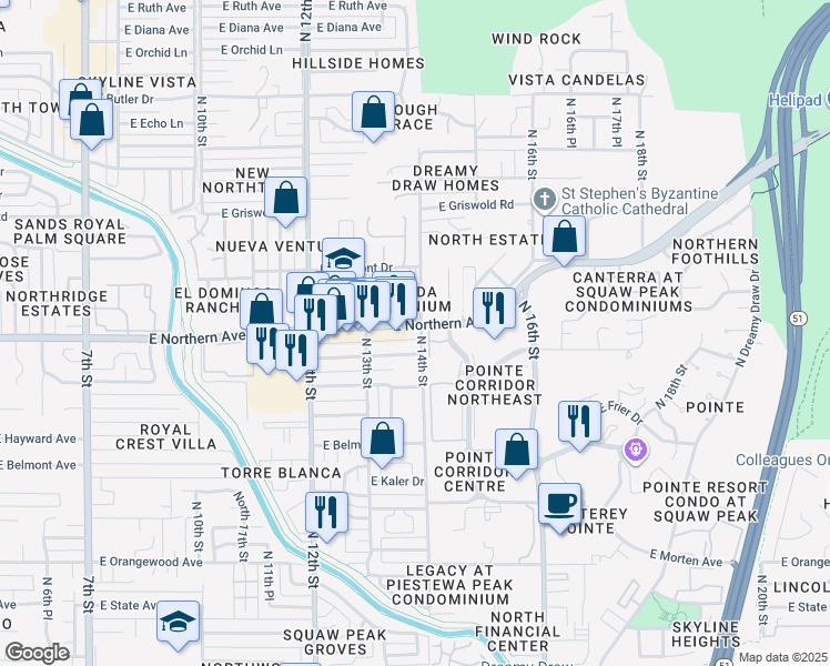 map of restaurants, bars, coffee shops, grocery stores, and more near 1350 East Northern Avenue in Phoenix
