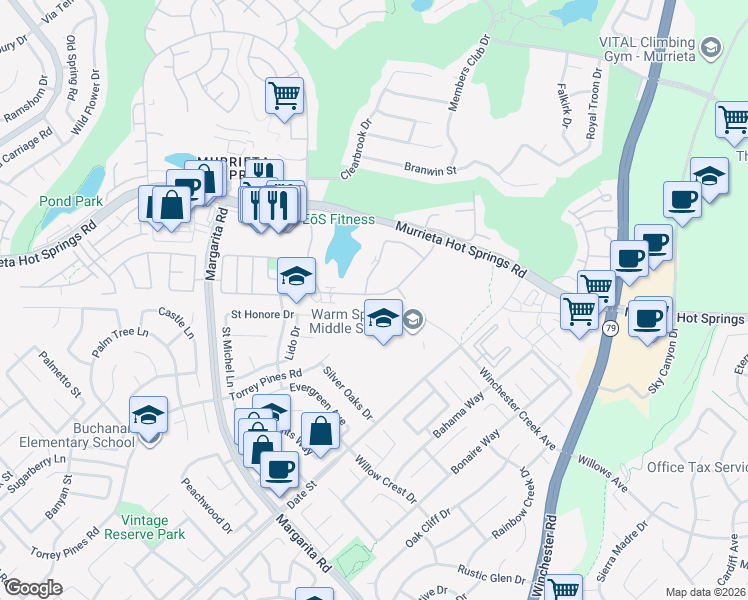 map of restaurants, bars, coffee shops, grocery stores, and more near 28878 Calle Del Lago in Murrieta