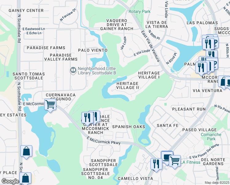 map of restaurants, bars, coffee shops, grocery stores, and more near 7843 East Vía Costa in Scottsdale