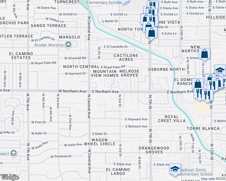 map of restaurants, bars, coffee shops, grocery stores, and more near 127 East Loma Lane in Phoenix