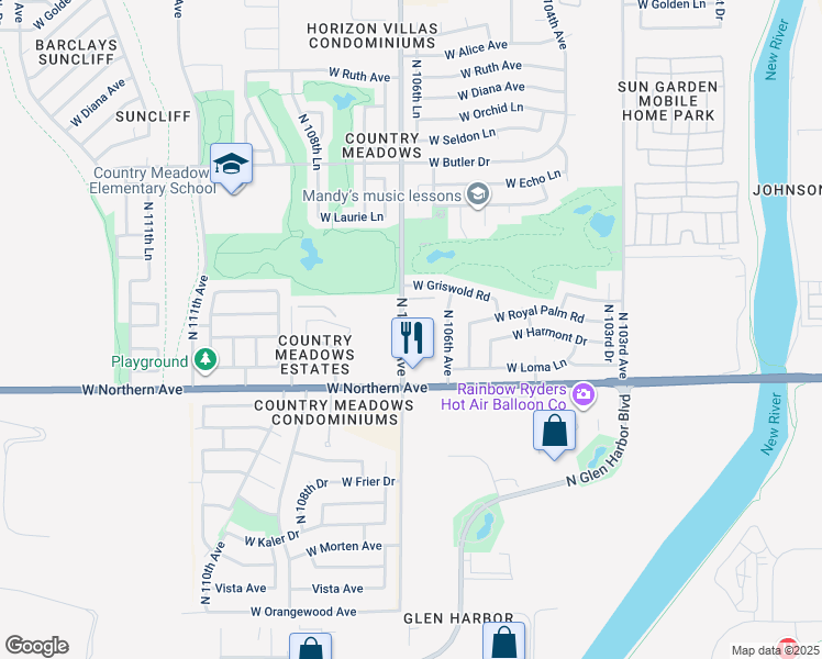 map of restaurants, bars, coffee shops, grocery stores, and more near 97 North 107th Avenue in Peoria