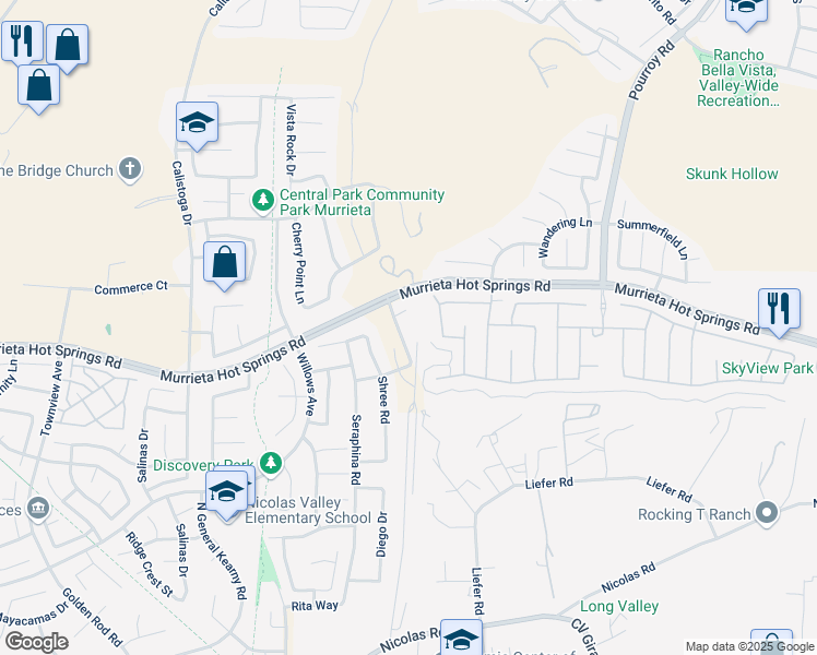 map of restaurants, bars, coffee shops, grocery stores, and more near 30992 Sanjay Court in Temecula
