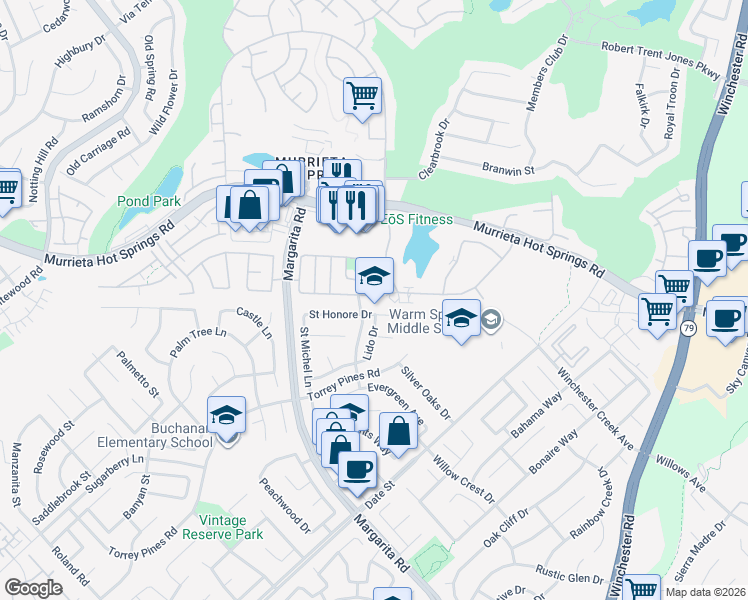 map of restaurants, bars, coffee shops, grocery stores, and more near 39717 Sherwood Union Lane in Murrieta
