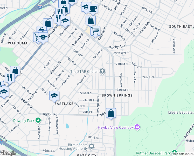 map of restaurants, bars, coffee shops, grocery stores, and more near 7405 Joppa Avenue in Birmingham