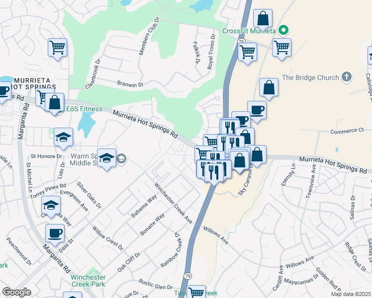 map of restaurants, bars, coffee shops, grocery stores, and more near 39621 Delhaven Street in Murrieta
