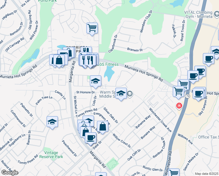 map of restaurants, bars, coffee shops, grocery stores, and more near 28661 Calle Del Lago in Murrieta