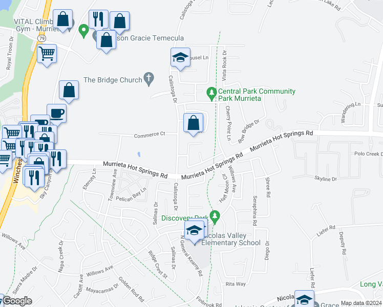 map of restaurants, bars, coffee shops, grocery stores, and more near 39090 Los Gatos Drive in Murrieta