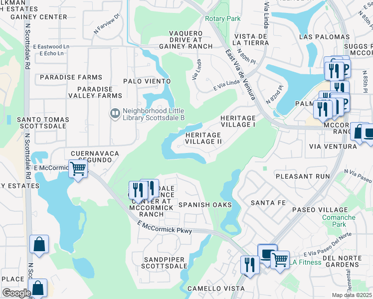 map of restaurants, bars, coffee shops, grocery stores, and more near 7843 East Vía Costa in Scottsdale