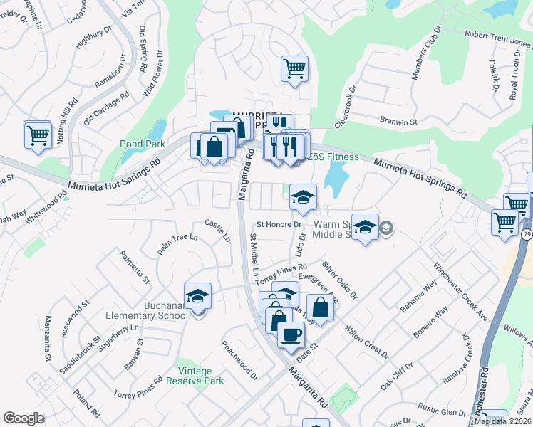 map of restaurants, bars, coffee shops, grocery stores, and more near 39829 Chambray Drive in Murrieta