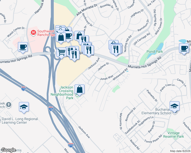 map of restaurants, bars, coffee shops, grocery stores, and more near 40237 Jaylene Street in Murrieta