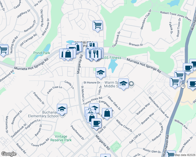map of restaurants, bars, coffee shops, grocery stores, and more near 39719 Chambray Drive in Murrieta