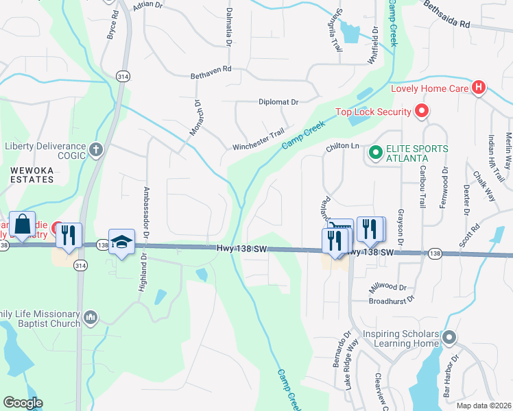 map of restaurants, bars, coffee shops, grocery stores, and more near 7423 Petunia Drive in Riverdale