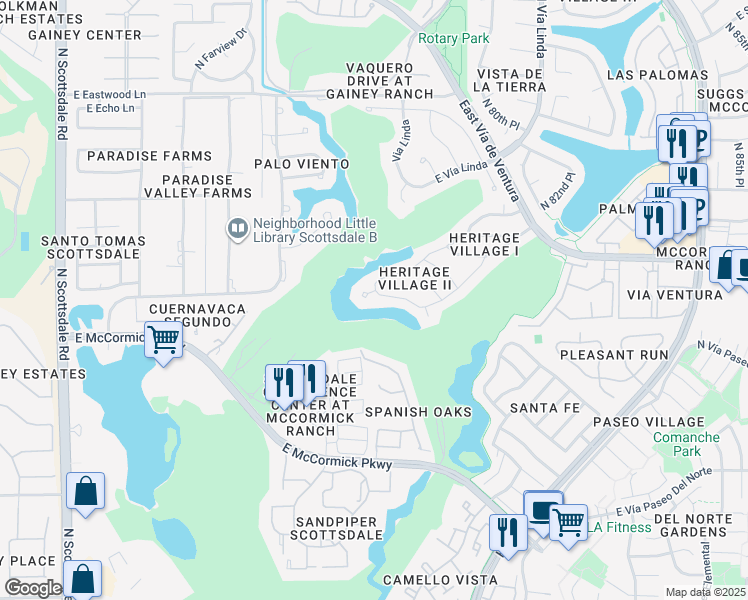 map of restaurants, bars, coffee shops, grocery stores, and more near 7843 East Vía Costa in Scottsdale