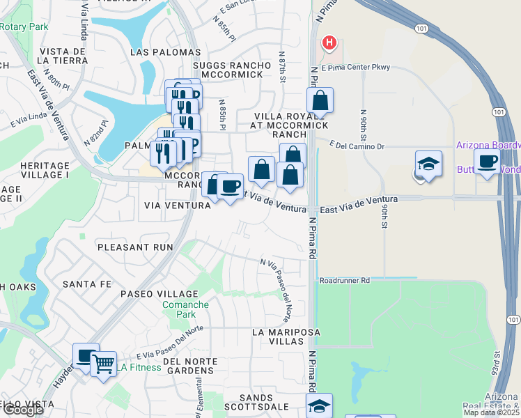 map of restaurants, bars, coffee shops, grocery stores, and more near 8700 E Vía de Ventura in Scottsdale