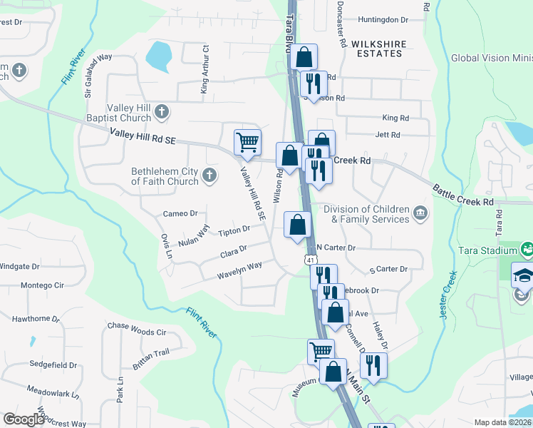 map of restaurants, bars, coffee shops, grocery stores, and more near 544 Valley Hill Road Southeast in Riverdale