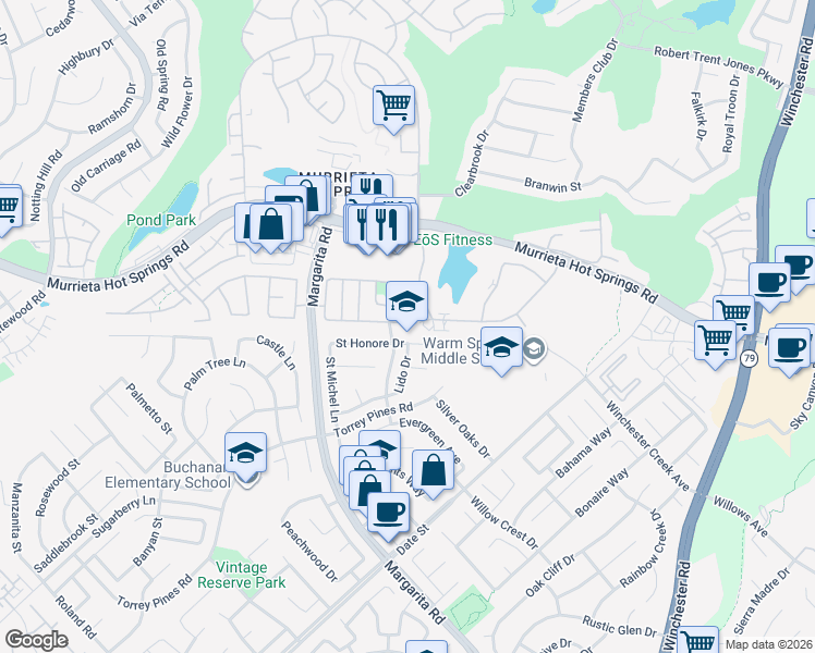 map of restaurants, bars, coffee shops, grocery stores, and more near 39717 Sherwood Union Lane in Murrieta